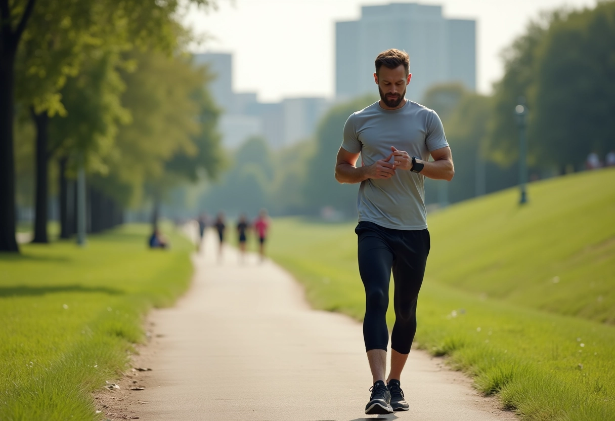 Homme joggeur vérifiant sa montre dans un parc urbain
