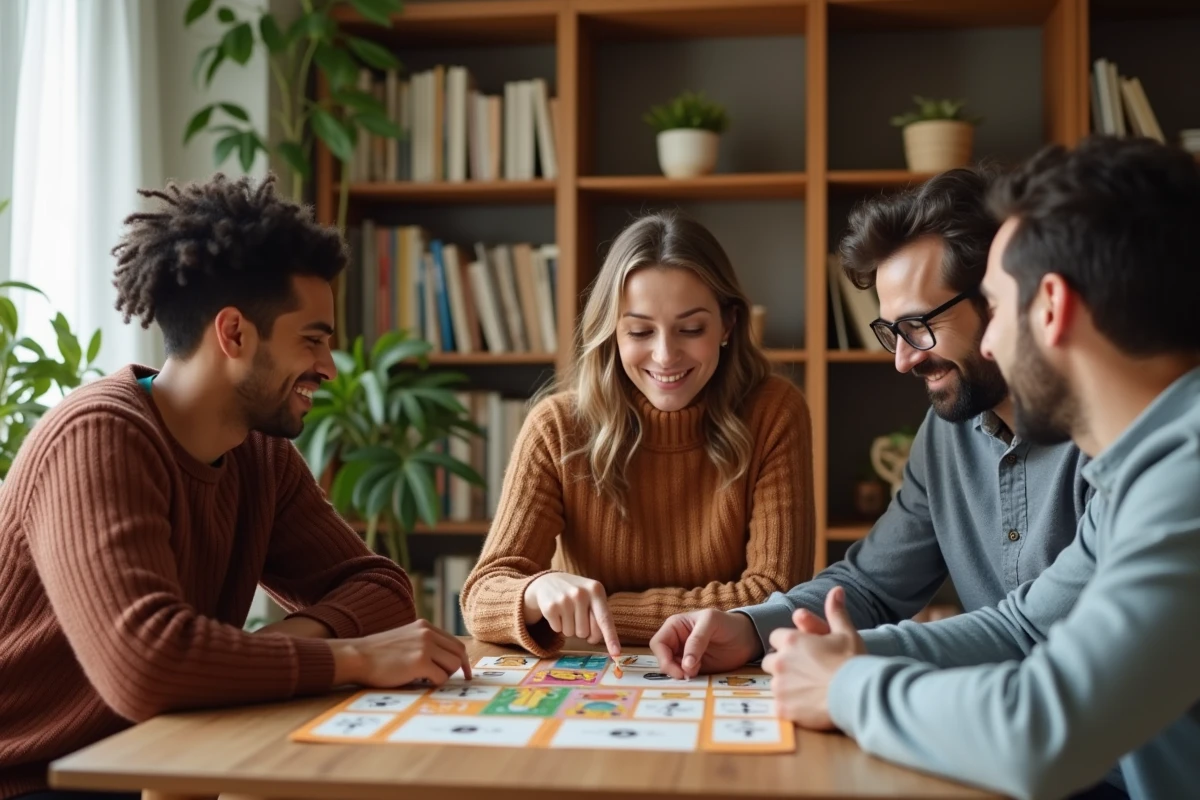 Groupe de joueurs adultes autour d'une table en bois jouant à un jeu de société avec des cartes représentant des parties du corps en K