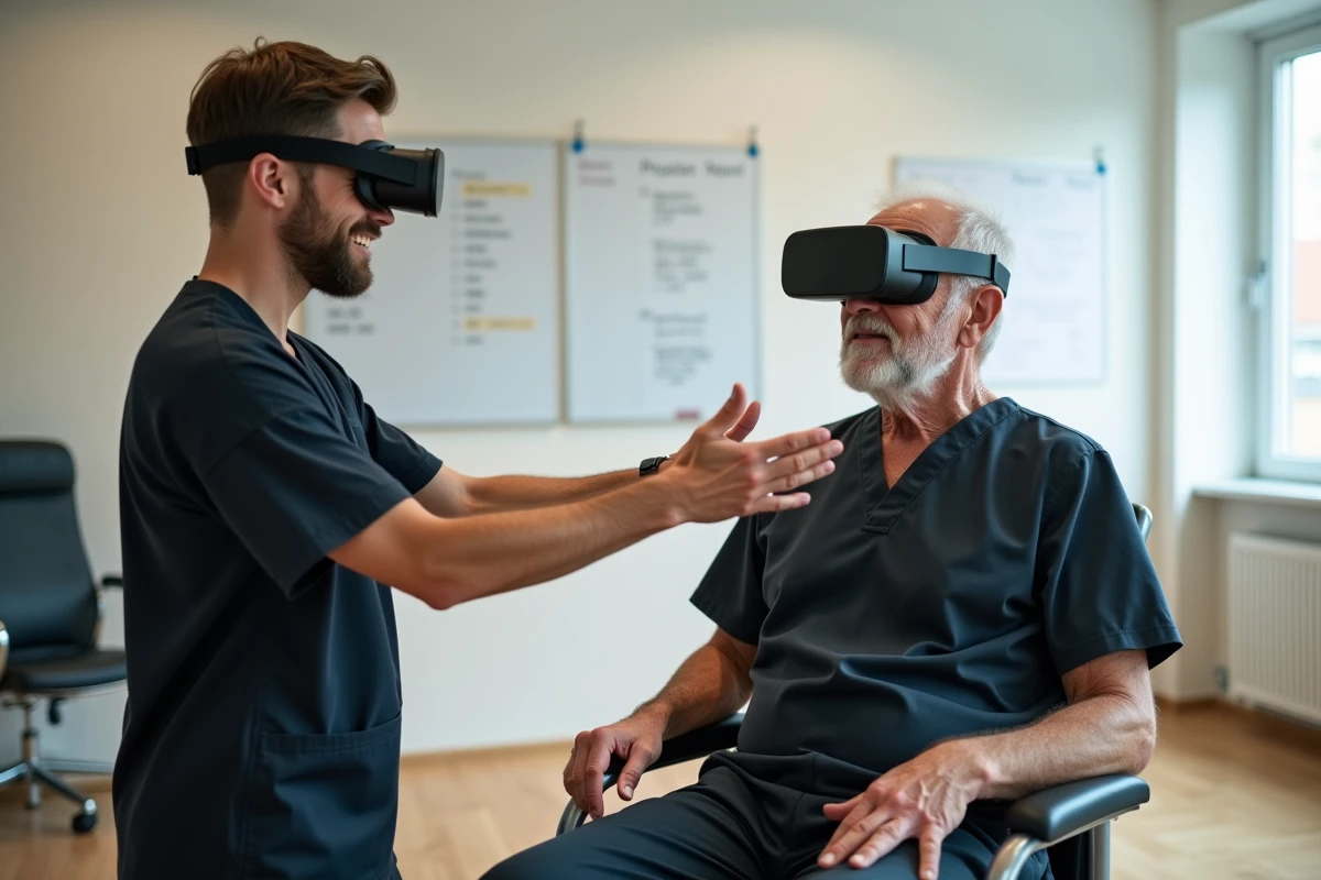 Kinésithérapeute utilisant un casque VR thérapeutique avec un patient âgé en cabinet de rééducation