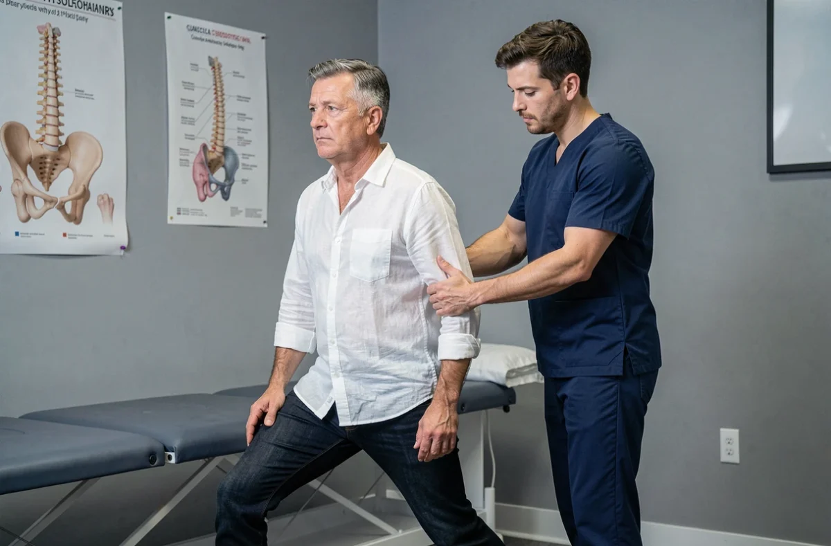 Kinésithérapeute guidant un patient en étirement pour soulager la cruralgie et protéger les lombaires