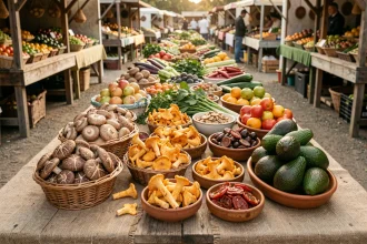 Étal de marché avec légumes et fruits sources de vitamine D, champignons shiitake, avocats et tomates séchées dans des paniers en osier