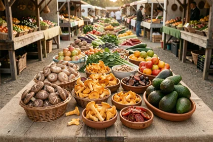 Étal de marché avec légumes et fruits sources de vitamine D, champignons shiitake, avocats et tomates séchées dans des paniers en osier