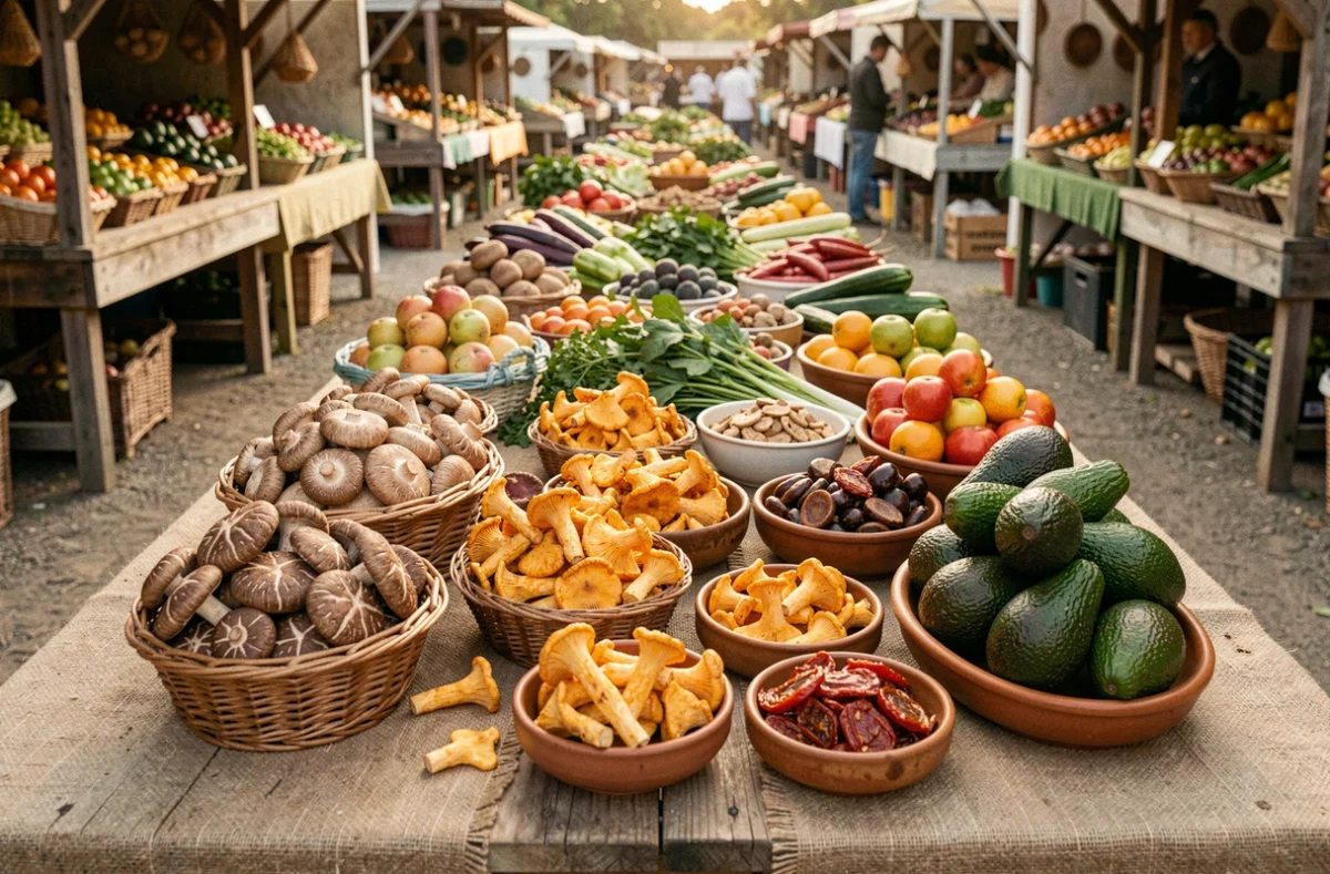 Étal de marché avec légumes et fruits sources de vitamine D, champignons shiitake, avocats et tomates séchées dans des paniers en osier