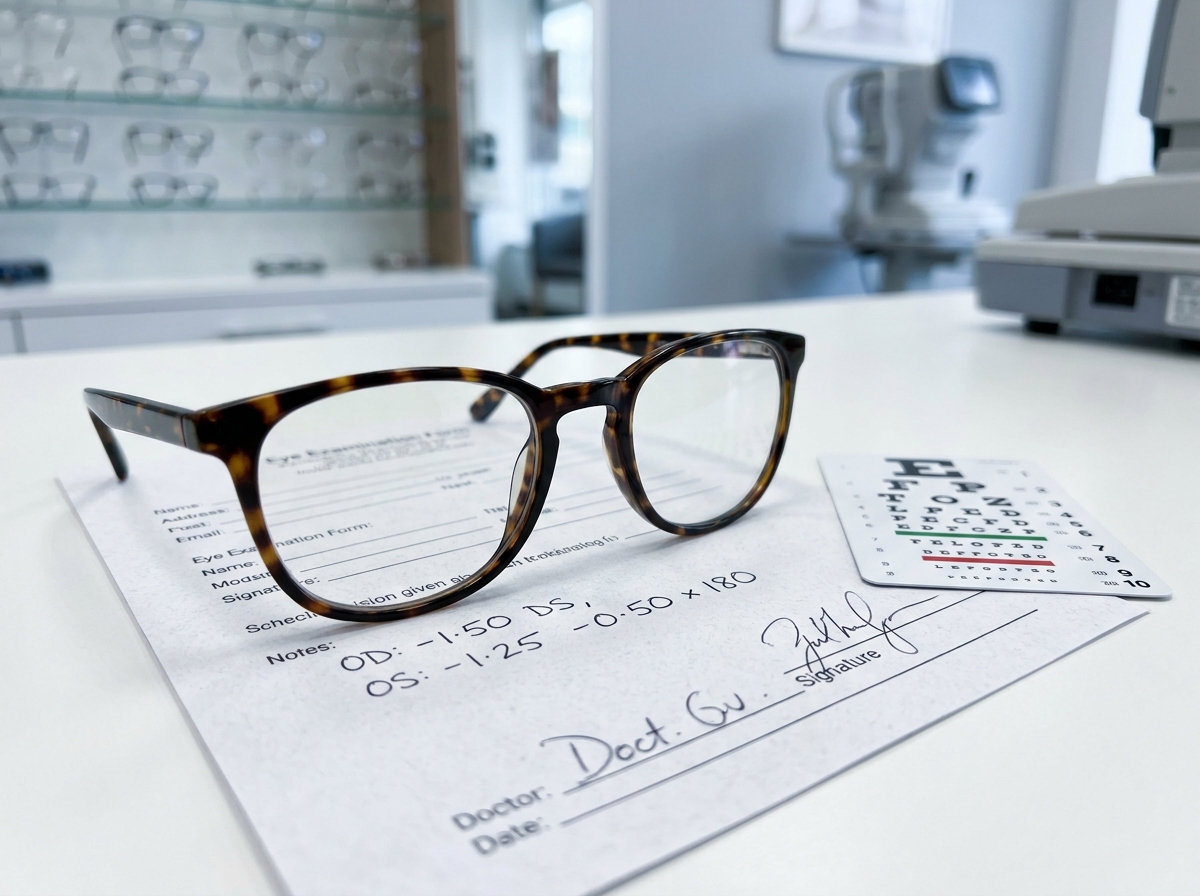 Lunettes de vue et ordonnance ophtalmologique sur un bureau, symbolisant l'importance du contrôle visuel après 40 ans