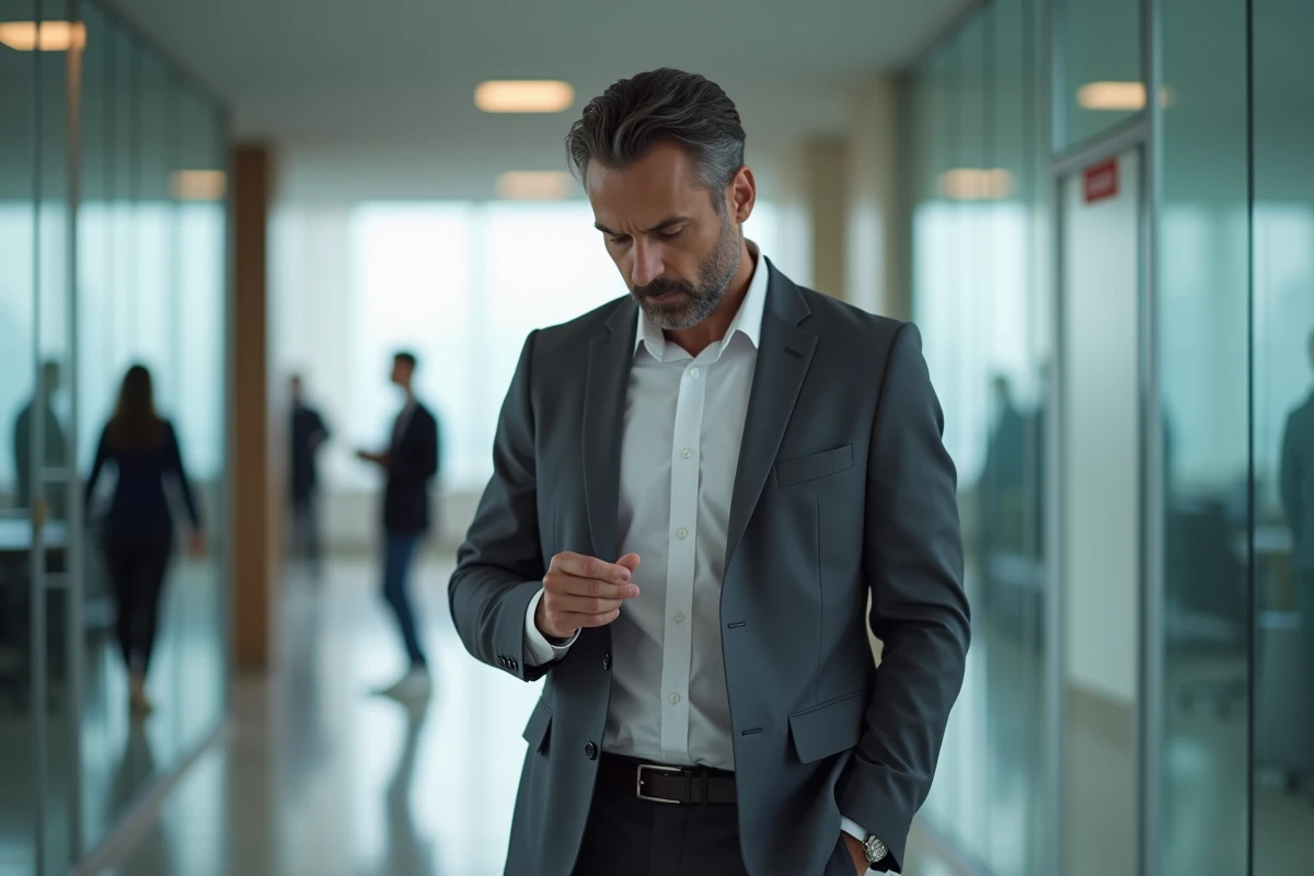 Homme en costume grattant sa main gauche dans un couloir de bureau avant une réunion