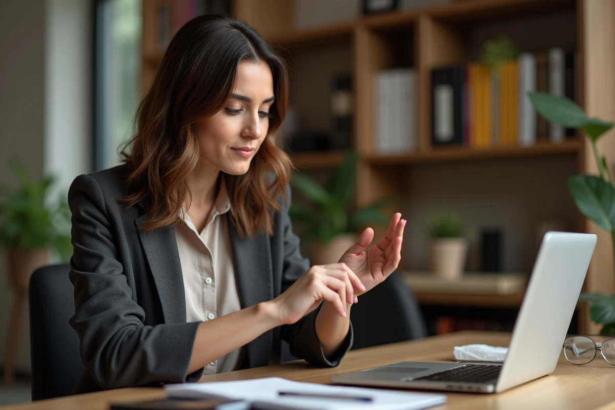 Femme assise à un bureau regardant sa main gauche qui gratte avant un rendez-vous important