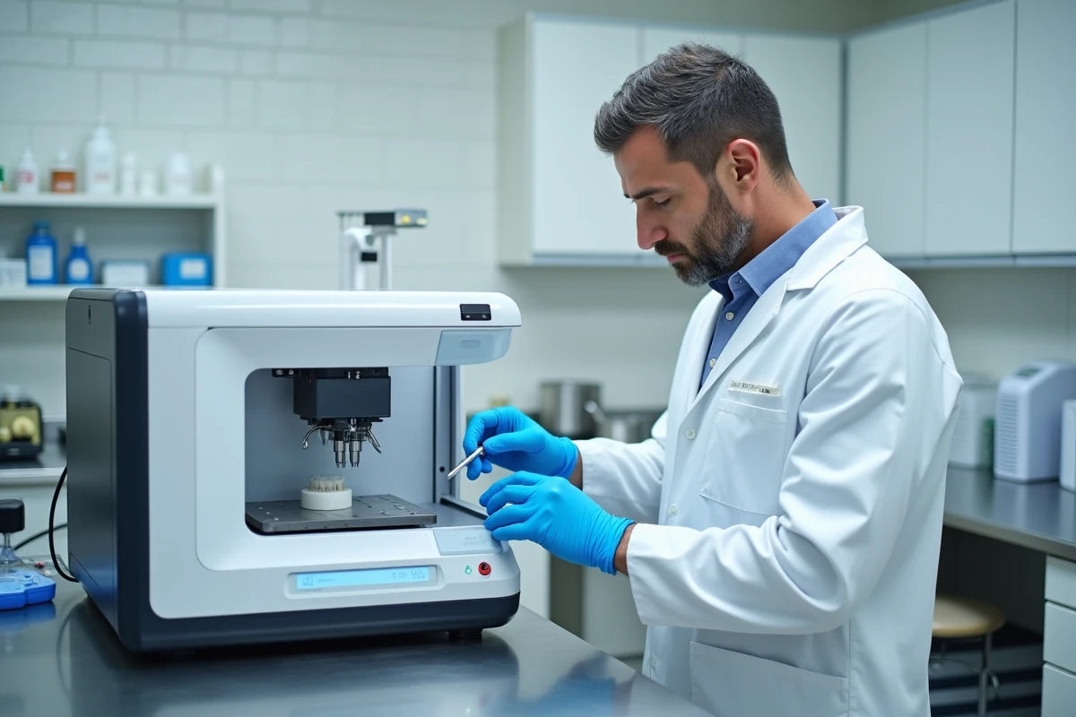 Technicien dentaire effectuant la maintenance d'une imprimante 3D dentaire dans un laboratoire professionnel