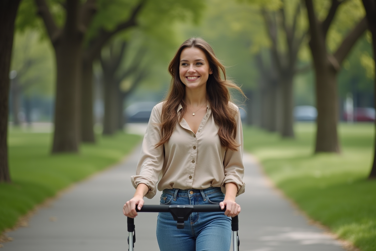 Jeune mère marchant dans un parc avec sa poussette