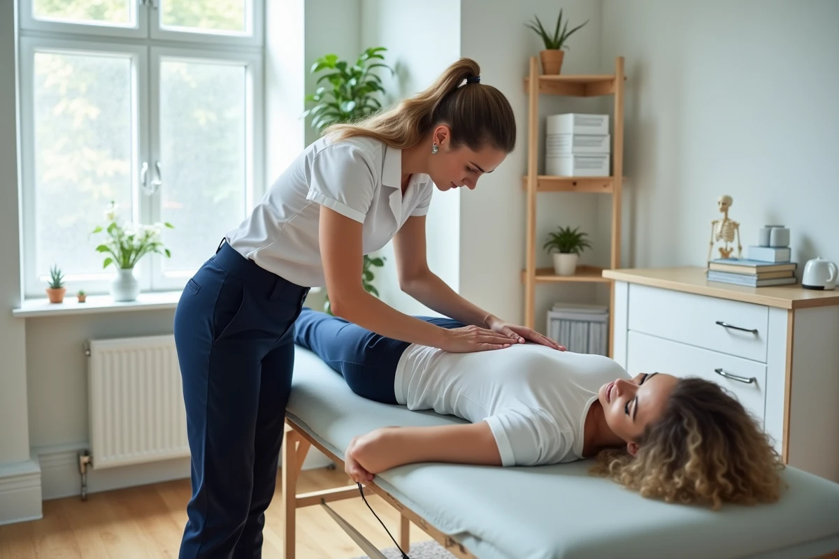Ostéopathe réalisant une manipulation lombaire sur une patiente allongée en cabinet d'ostéopathie moderne