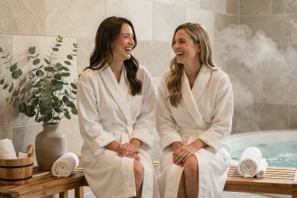 Deux amies en robes de spa blanc riant ensemble dans un spa parisien mixte avant un massage en duo