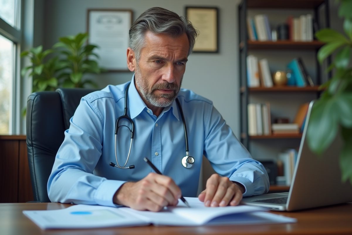 Médecin analysant des résultats biomarqueurs sur son bureau