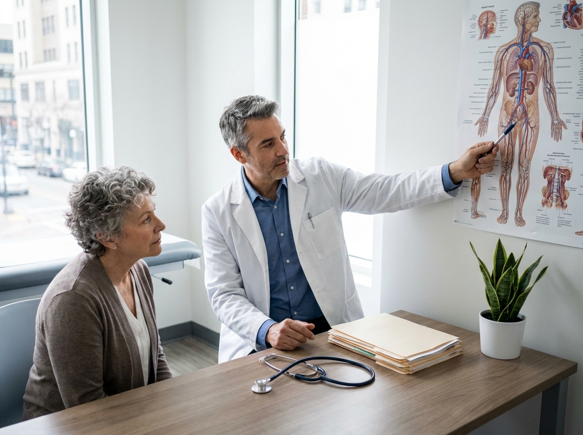 Médecin expliquant les traitements de la mauvaise circulation sanguine à une patiente en consultation médicale
