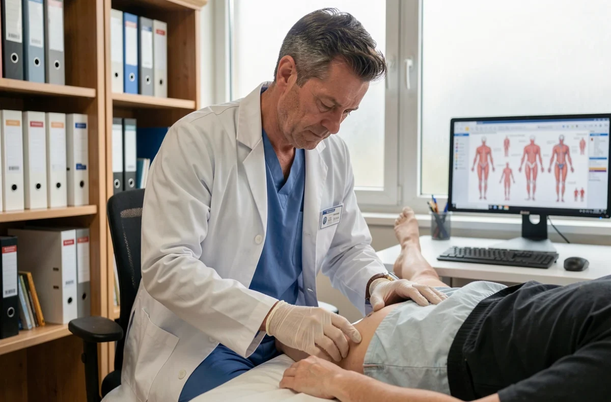 Médecin examinant les ganglions lymphatiques de l'aine d'un patient en cabinet médical