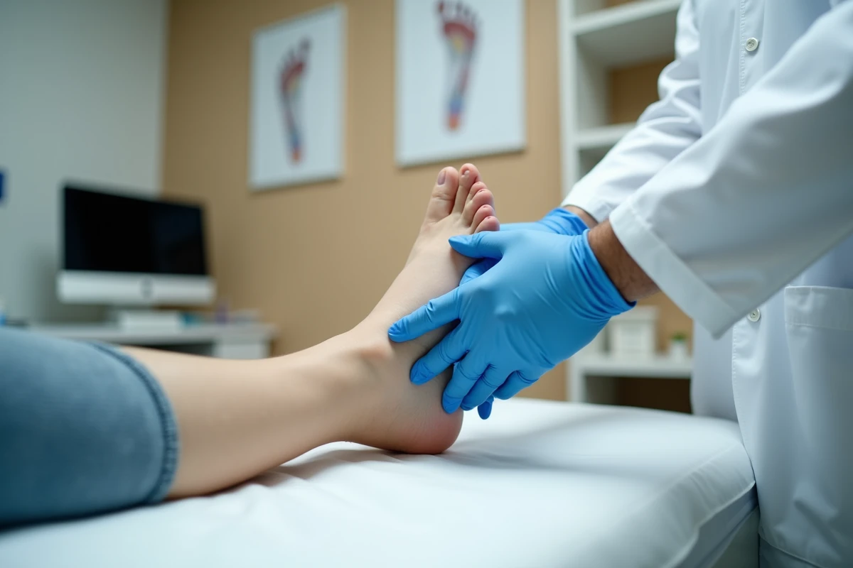 Médecin examinant le dessus du pied d'un patient pour diagnostiquer une douleur ou fracture de fatigue en consultation