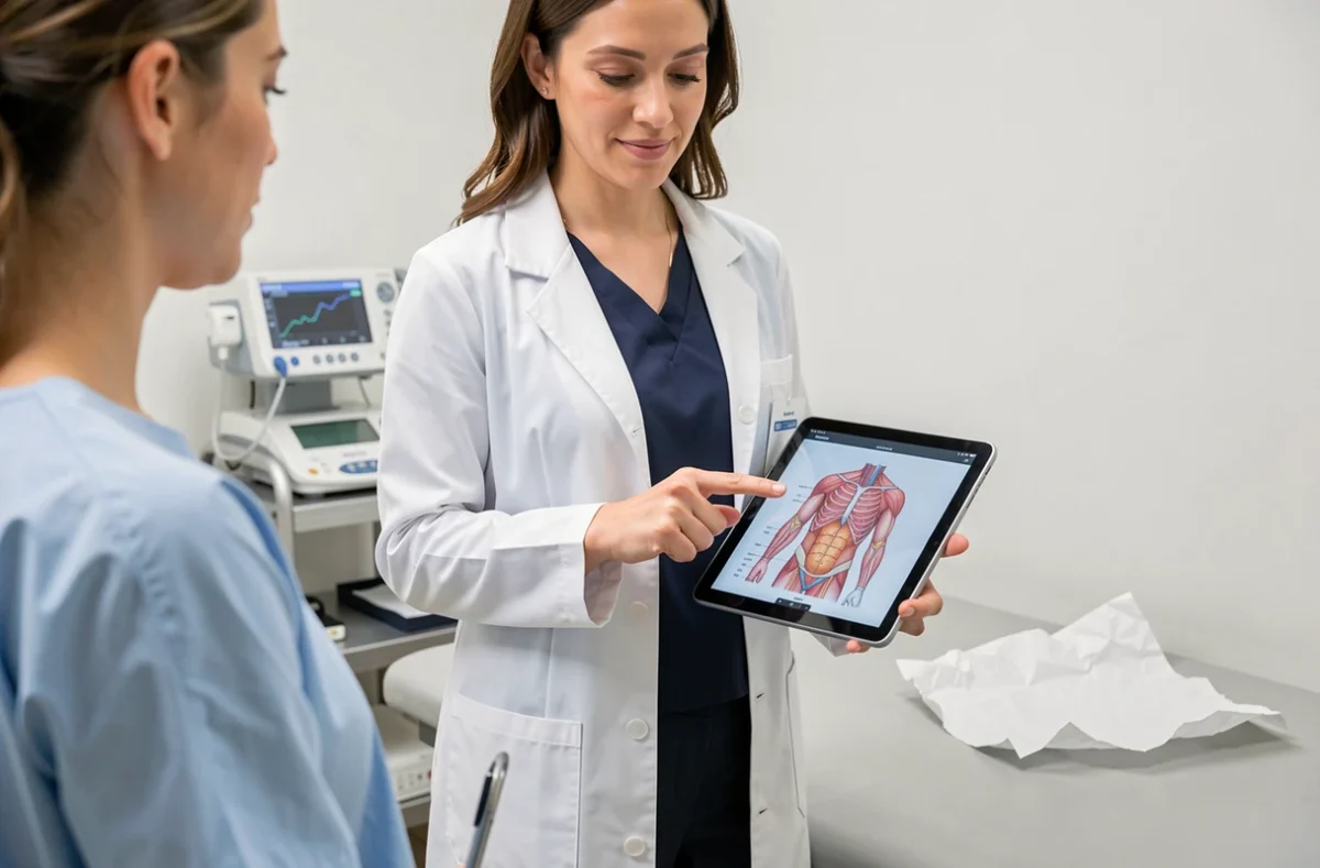 Médecin femme expliquant une douleur sous les côtes à sa patiente à l'aide d'un schéma anatomique sur tablette en cabinet médical