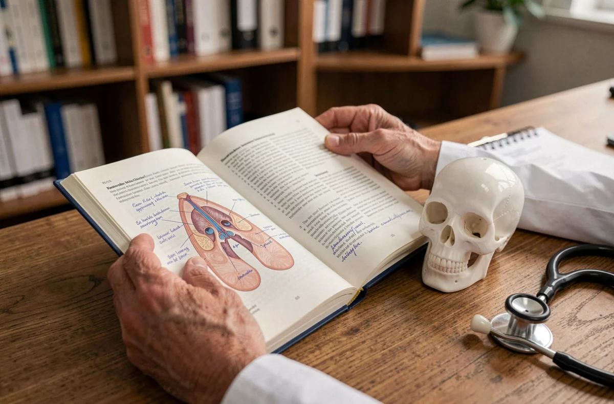 Mains de médecin tenant un livre d'anatomie ouvert sur les sinus paranasaux avec annotations médicales