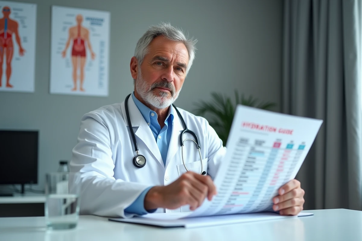 Médecin néphrologue expliquant le guide de sélection de l'eau minérale recommandée pour la santé des reins