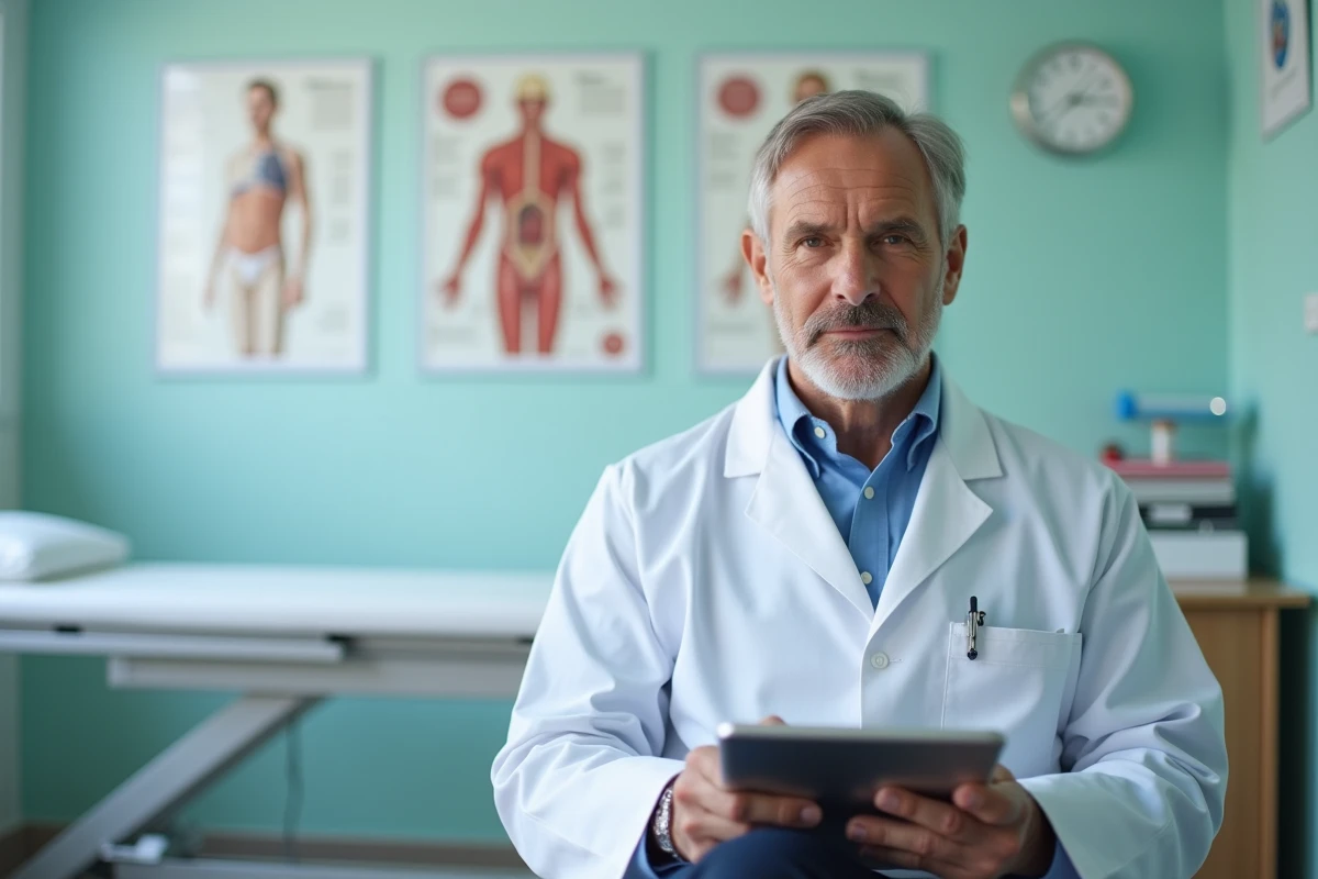 Médecin consultant une plateforme de santé numérique sur tablette dans un cabinet médical moderne