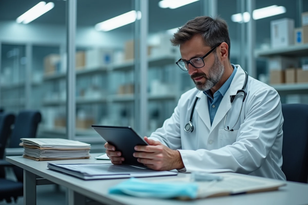 Médecin en blouse blanche étudiant une tablette dans un laboratoire