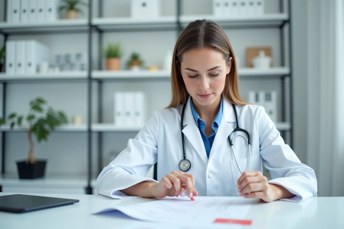 Médecin femme examinant des résultats d'analyse de sang incluant les transaminases SGOT dans un cabinet médical moderne
