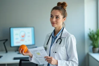 Médecin femme tenant une orange et un tableau nutritionnel dans un cabinet médical moderne, illustrant les conseils sur la vitamine D