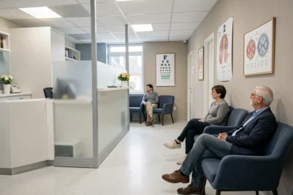 Salle d'attente d'un cabinet d'ophtalmologie dans les Côtes-d'Armor, avec tableau optométrique et ambiance médicale professionnelle