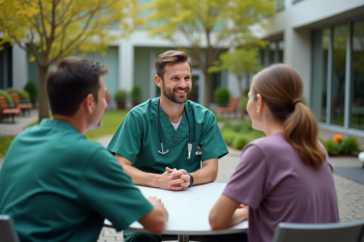 Jeune infirmier avec patients dans un jardin extérieur