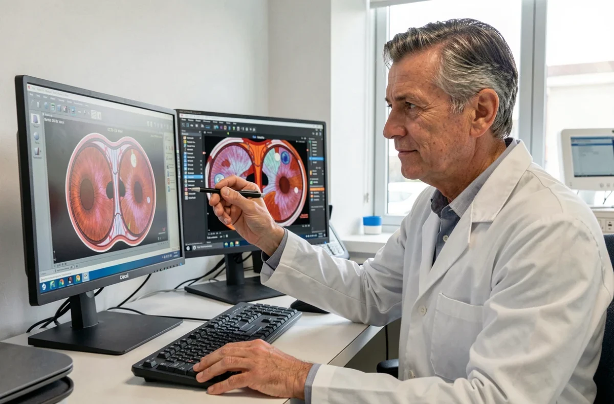 Ophtalmologue Arnaud George consultant des résultats de tomographie en cohérence optique sur deux écrans dans son cabinet
