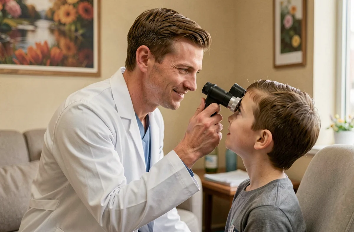 Ophtalmologue Clément Lemaire réalisant un examen ophtalmologique avec un ophtalmoscope direct dans son cabinet