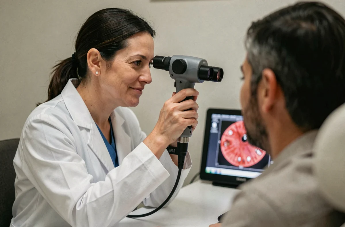 Ophtalmologue Meriem Sadaoui Attouche examinant un patient avec un ophtalmoscope dans son cabinet médical