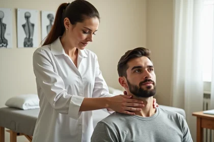 Ostéopathe femme examinant le rachis cervical d'un patient assis lors d'une consultation en cabinet