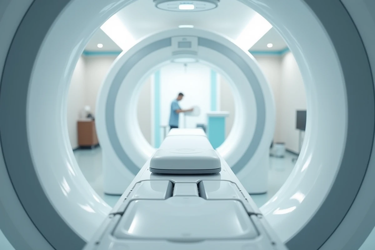 Vue rapprochée de l'ouverture spacieuse d'un appareil IRM ouvert, table d'examen visible, salle de radiologie moderne