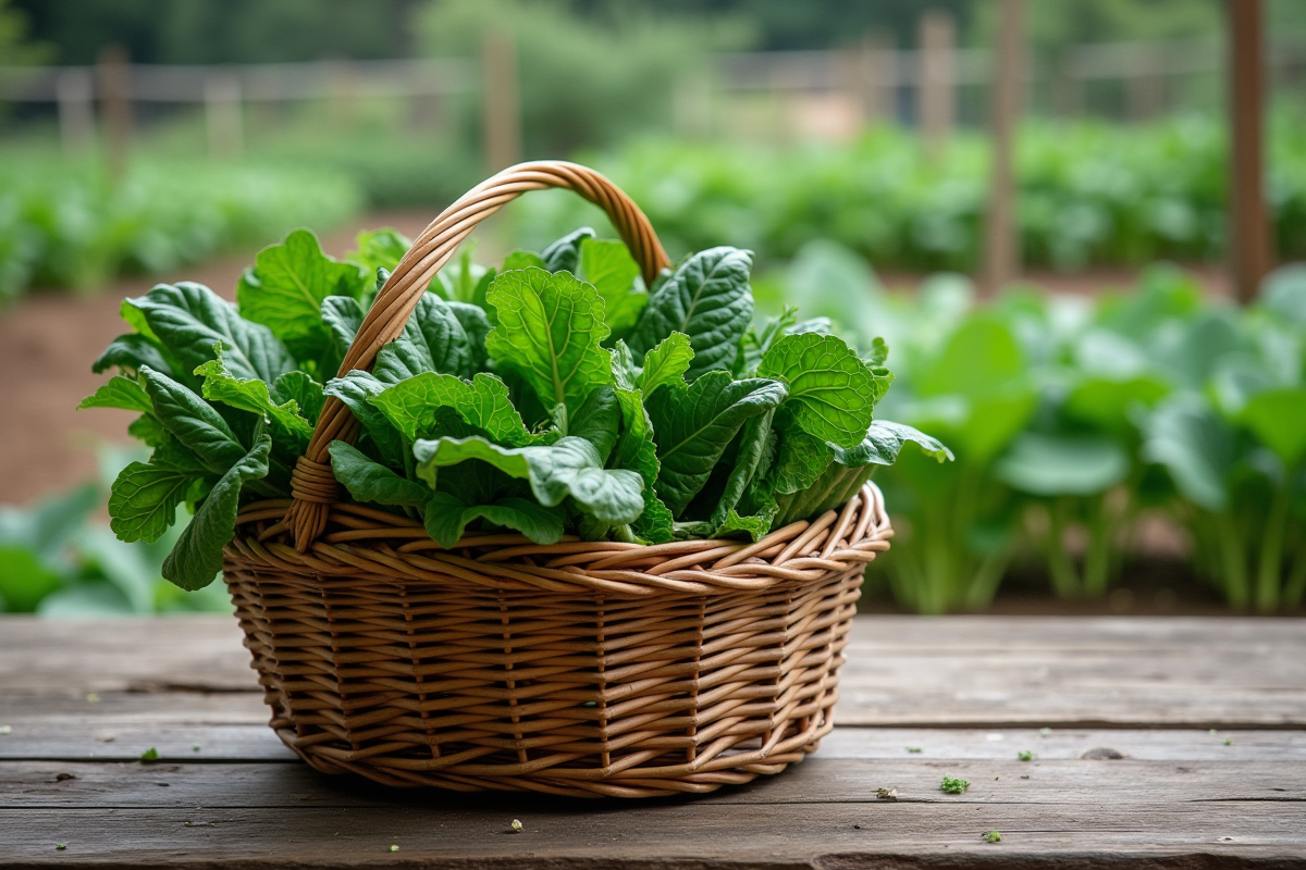 Panier de légumes verts cueillis dans un jardin
