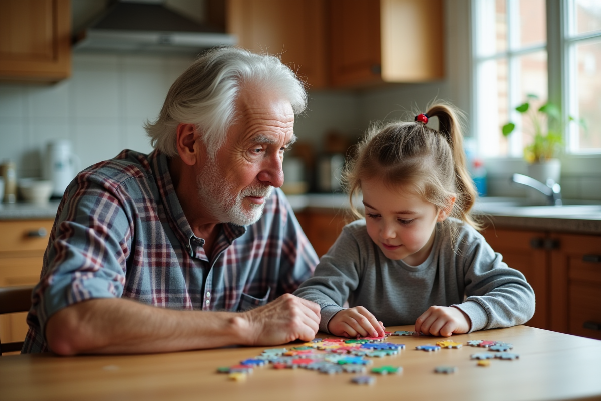 Père et fille avec Down jouent au puzzle en cuisine