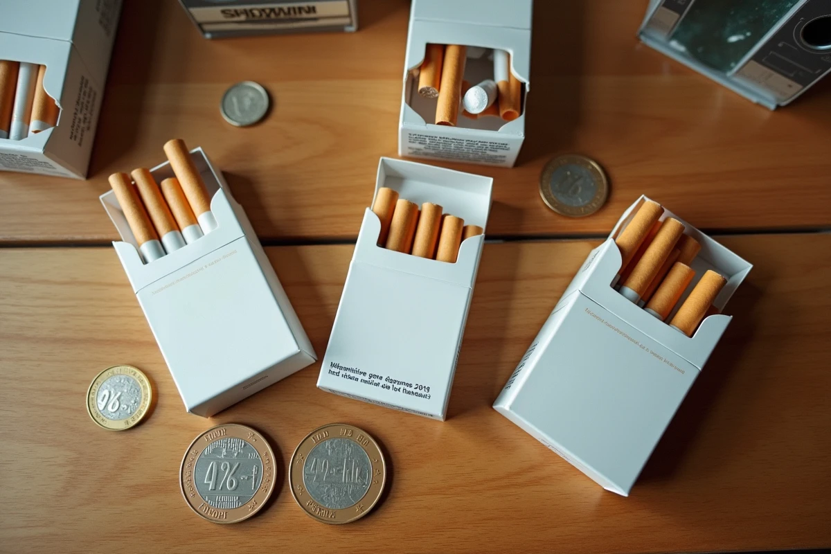 Paquets de cigarettes avec étiquettes de prix en euros sur un comptoir de commerce au Luxembourg