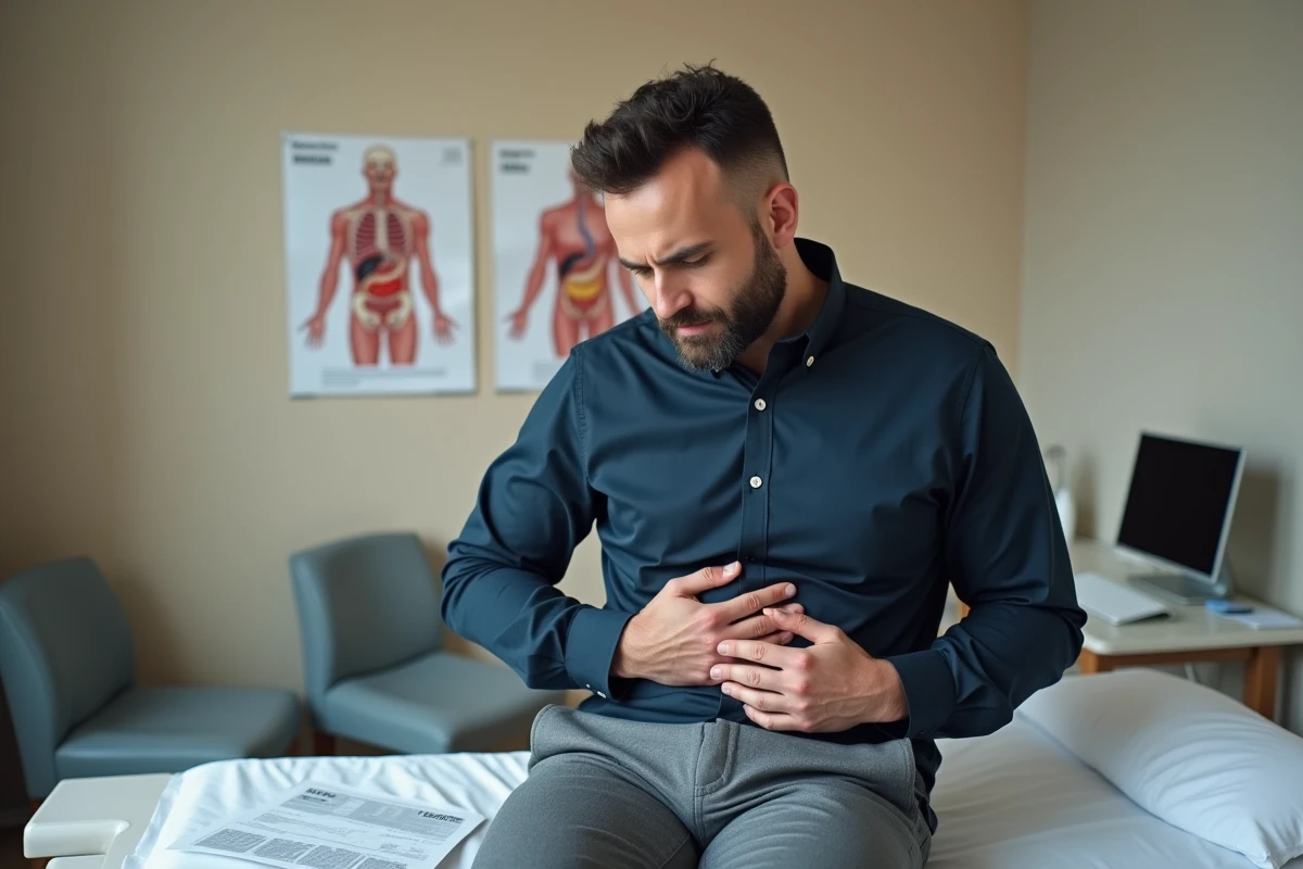Patient homme tenant son ventre avec douleur en salle de consultation tenant un compte rendu d'échographie