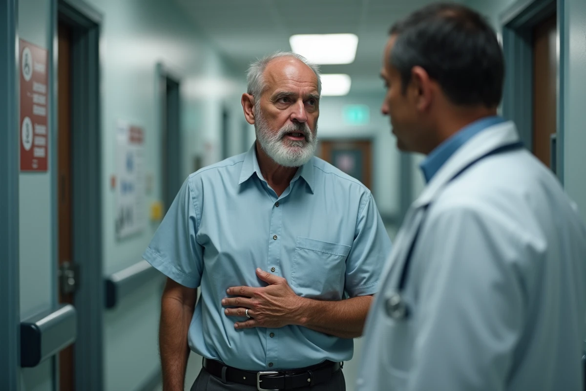 Homme âgé parlant avec un médecin dans un couloir