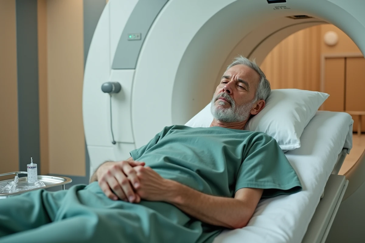 Patient âgé allongé sur la table d'un scanner IRM avant injection de produit de contraste au gadolinium