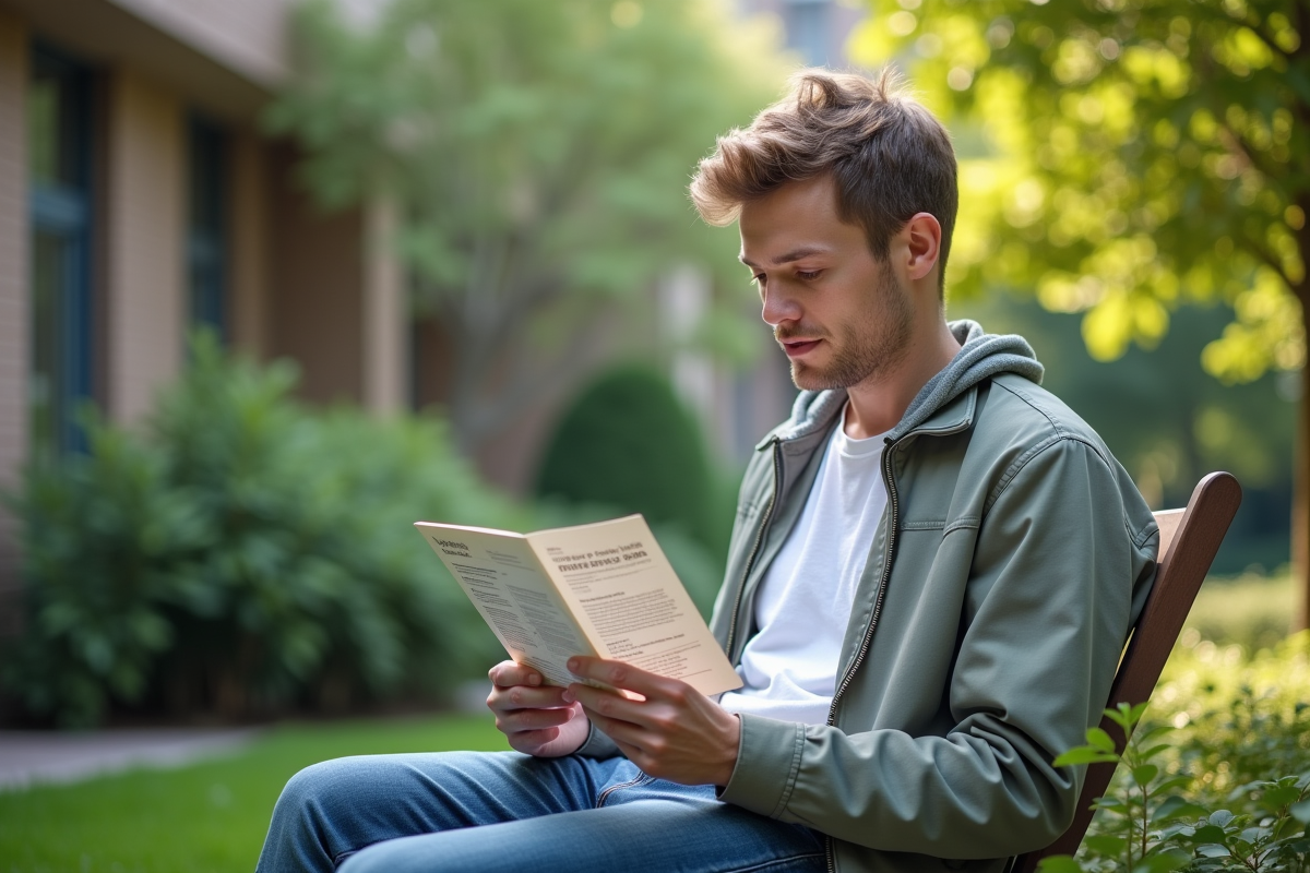 Patient jeune lisant brochure dans jardin hospitalier