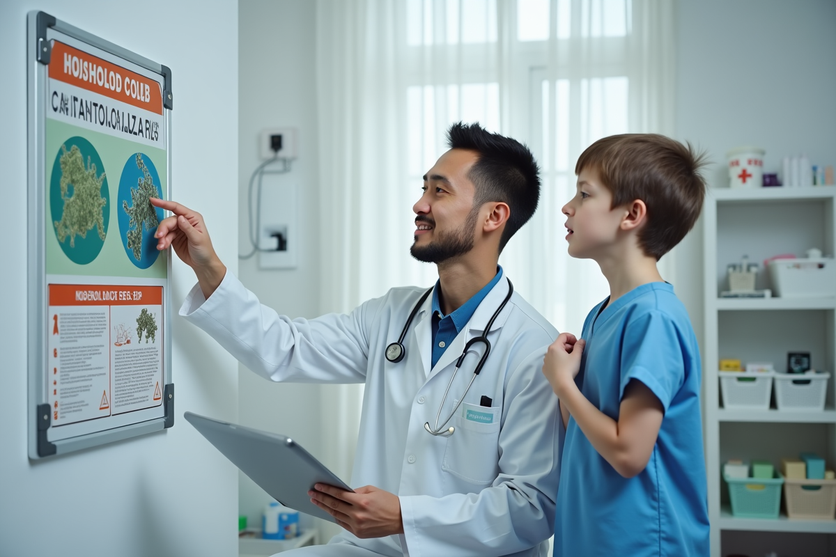 Pediatre montrant un poster sur la moisissure et staphylocoques