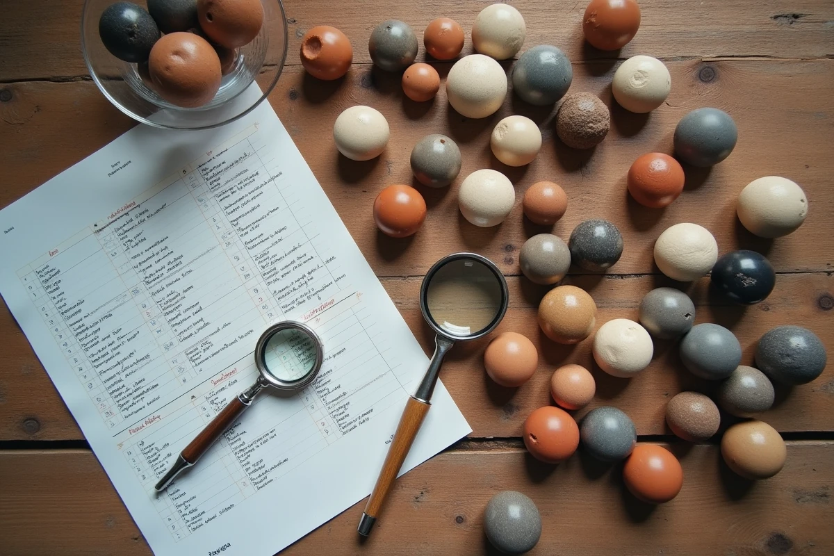 Assortiment de perles de céramique posées sur une table en bois avec des documents scientifiques et des notes de recherche