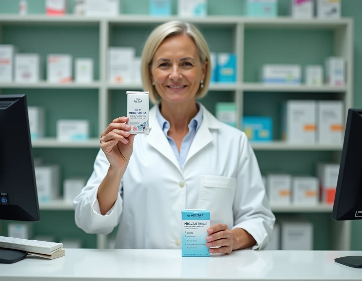 Pharmacienne en blouse blanche tenant un bonnet anti-migraine froid en pharmacie et expliquant son mode d'emploi au comptoir