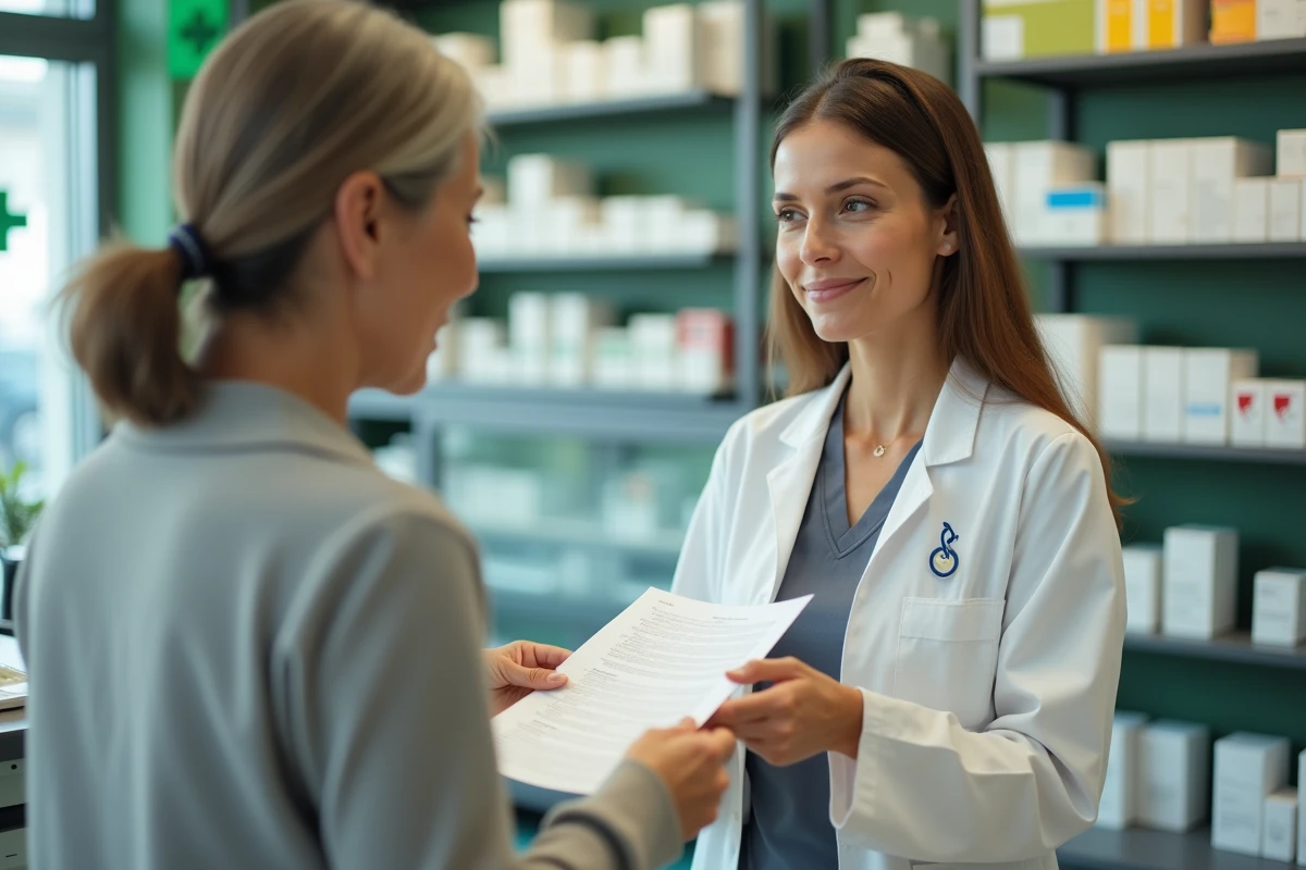 Pharmacienne remettant un document médical à une patiente âgée dans le cadre d'une prise en charge à 100% pour affection longue durée