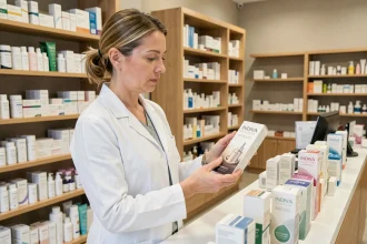 Pharmacienne examinant une boîte de produit Indiva System derrière le comptoir d'une pharmacie moderne