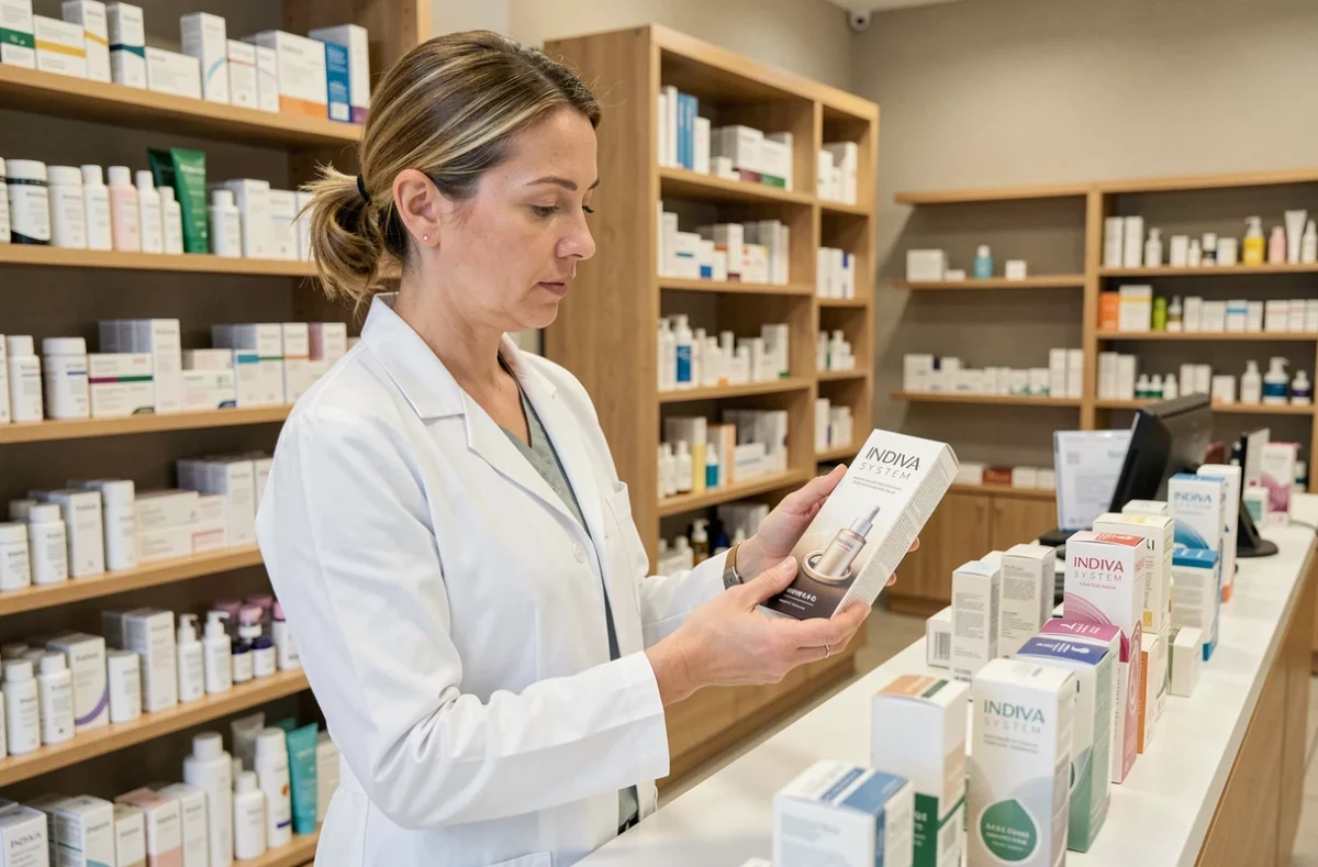 Pharmacienne examinant une boîte de produit Indiva System derrière le comptoir d'une pharmacie moderne