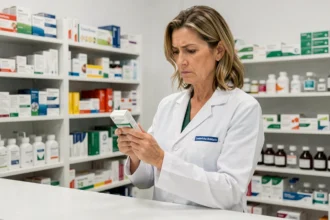 Pharmacienne examinant une boîte de produit avec méfiance au comptoir d'une pharmacie officielle
