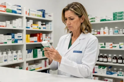 Pharmacienne examinant une boîte de produit avec méfiance au comptoir d'une pharmacie officielle