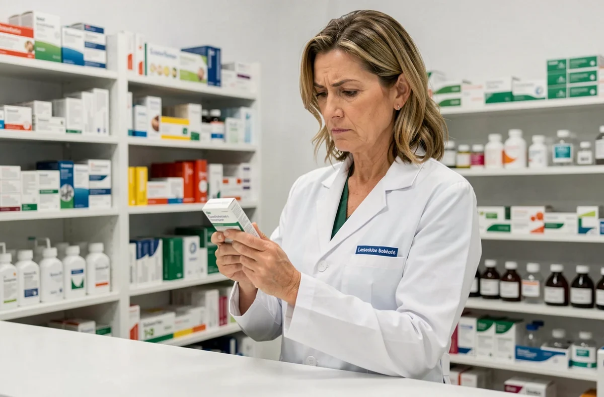 Pharmacienne examinant une boîte de produit avec méfiance au comptoir d'une pharmacie officielle