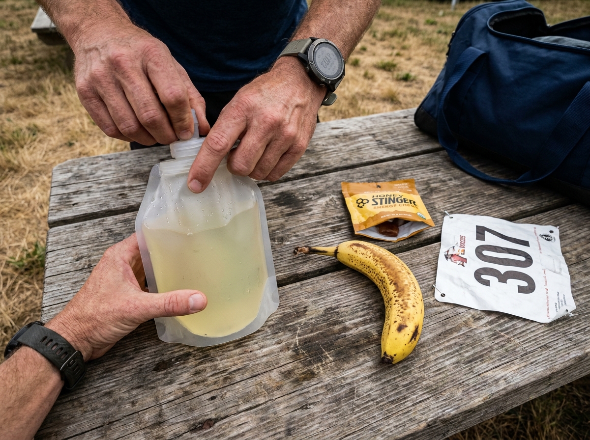 Préparation nutritionnelle d'un marathonien avec flasque de boisson isotonique, banane et gels énergétiques sur une table en bois