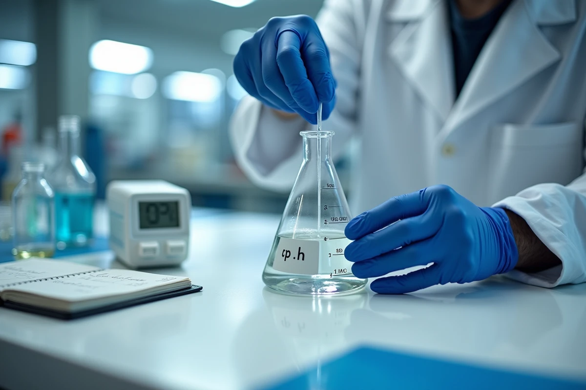 Technicien de laboratoire préparant une solution titrée avec une pipette et une fiole jaugée pour mesurer la concentration d'un acide